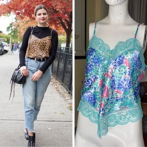 Y2K Cami Camisole Silk Blue Leopard Floral Turquoise